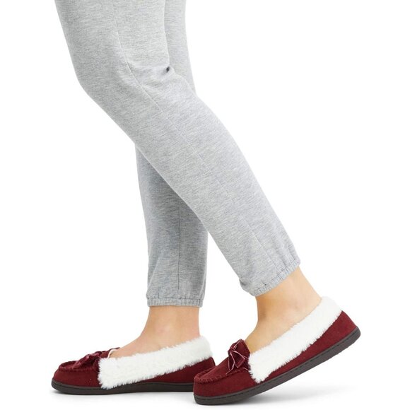 Women's Wine Red Bow Faux Fur Collar Pull On Plush Lining Slipper Boot Shoes - Picture 6 of 9